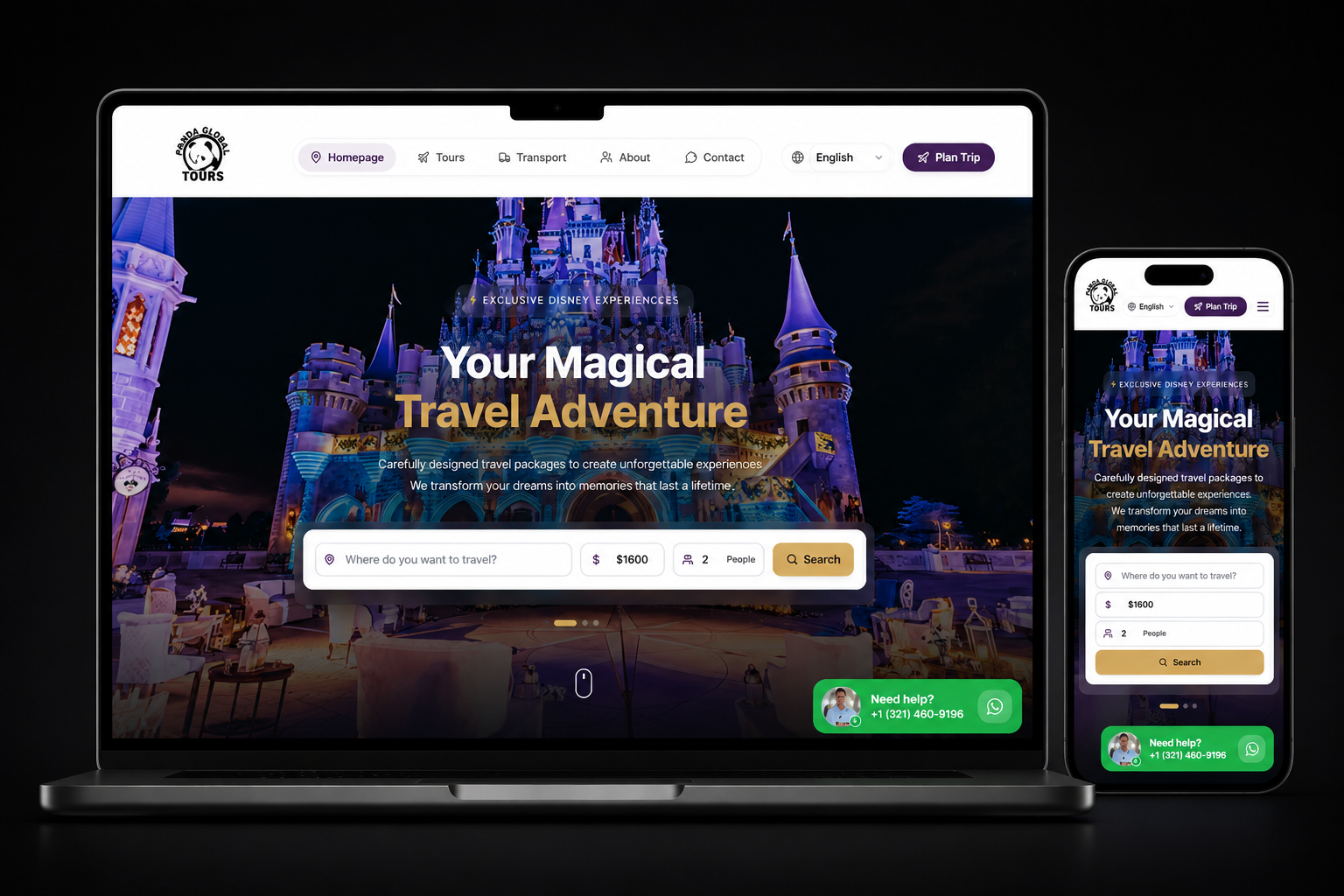 Mockup responsive del sitio Panda Global Tours con hero del castillo Disney