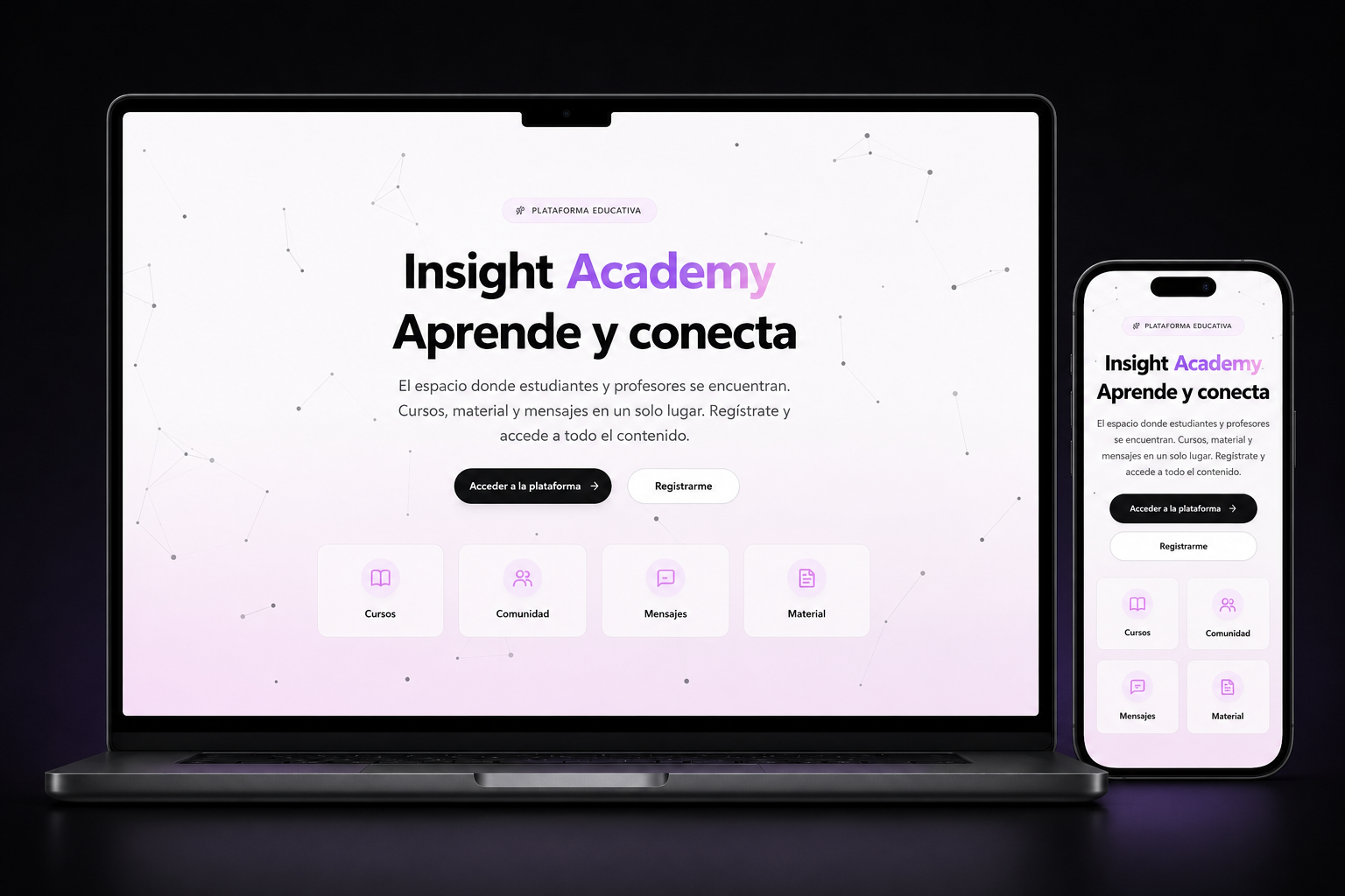 Mockup responsive de Insight Academy, plataforma educativa