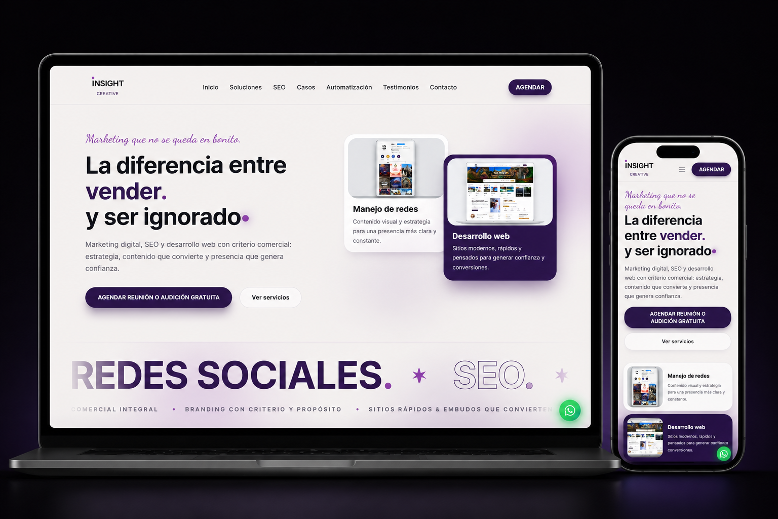 Mockup responsive del sitio web de Insight Creative en laptop y móvil
