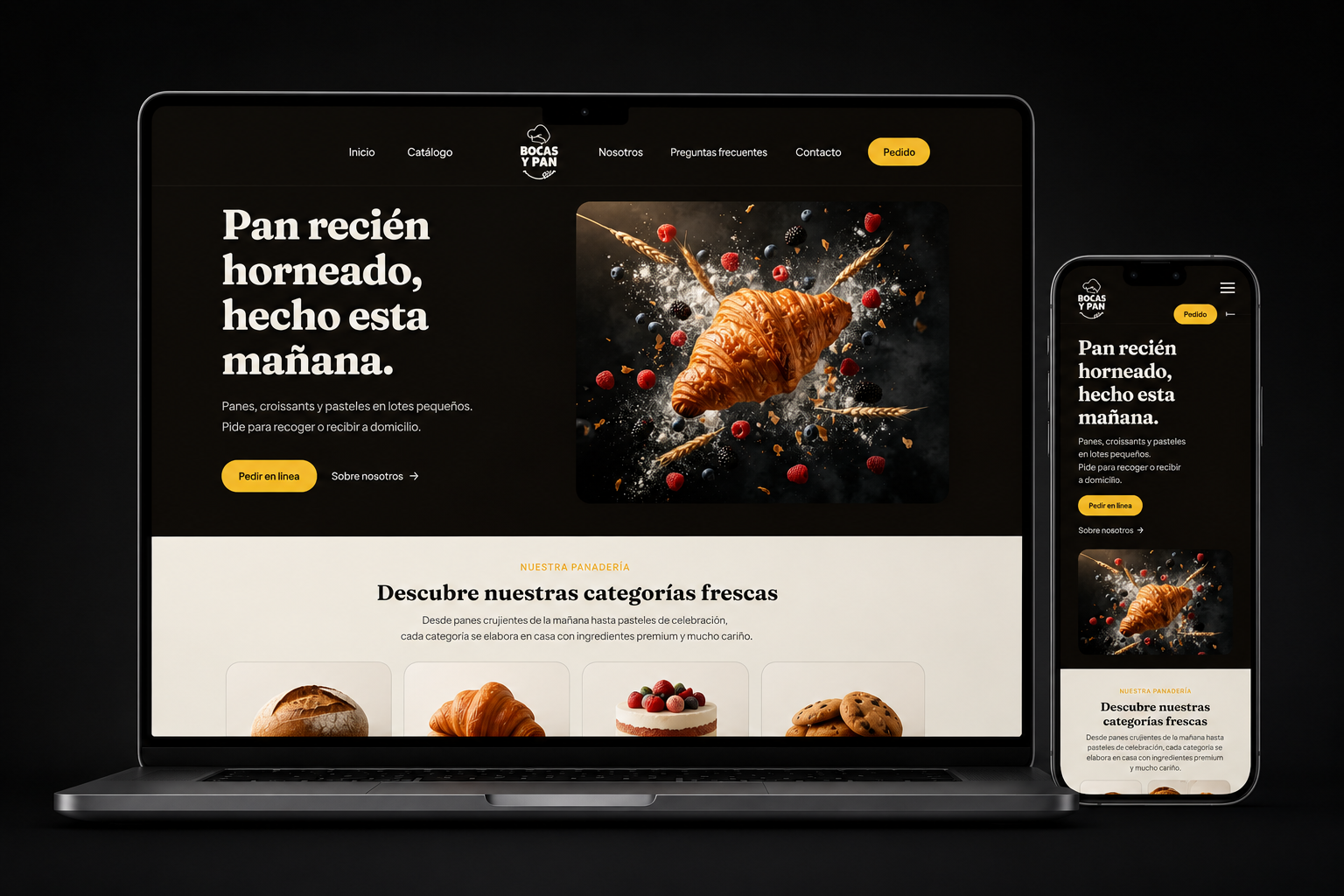 Mockup responsive del sitio Bocas y Pan con hero de panadería artesanal