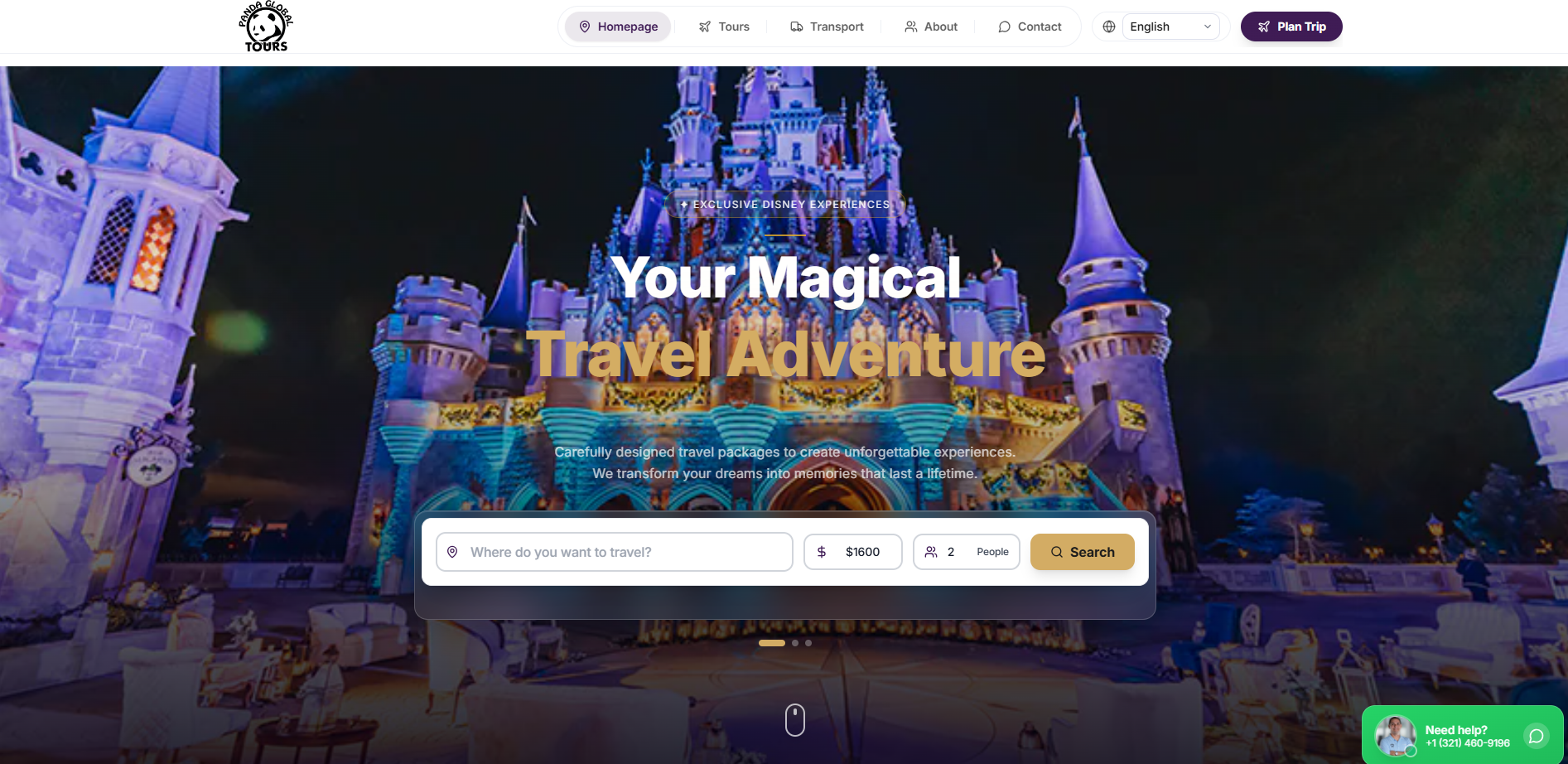 Mockup responsive del sitio Panda Global Tours con hero del castillo Disney