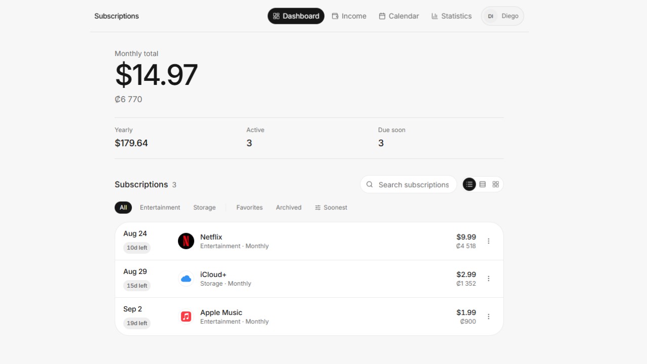 Dashboard de suscripciones e ingresos recurrentes