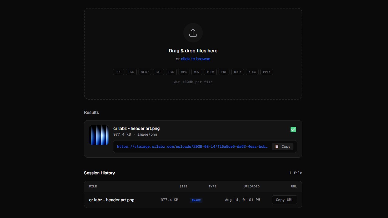 CR Labz Vault Media — Carga simple, lista para el equipo